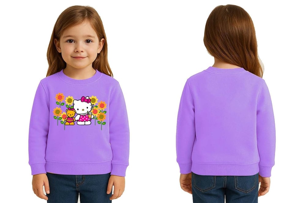 Unisex Hello Kity Baskılı Çocuk Swaetshirt 3 İplik Şardonlu
