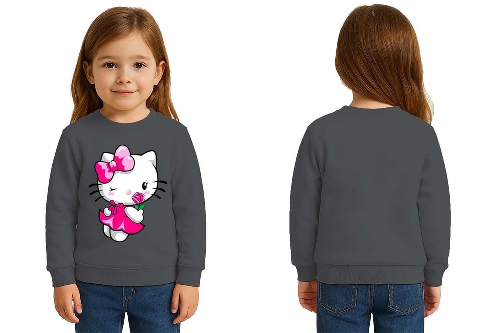 Unisex Hello Kity Baskılı Çocuk Swaetshirt 3 İplik Şardonlu