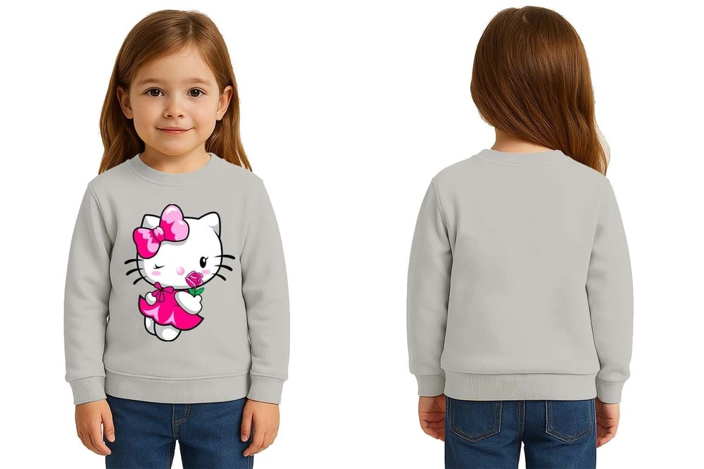 Unisex Hello Kity Baskılı Çocuk Swaetshirt 3 İplik Şardonlu