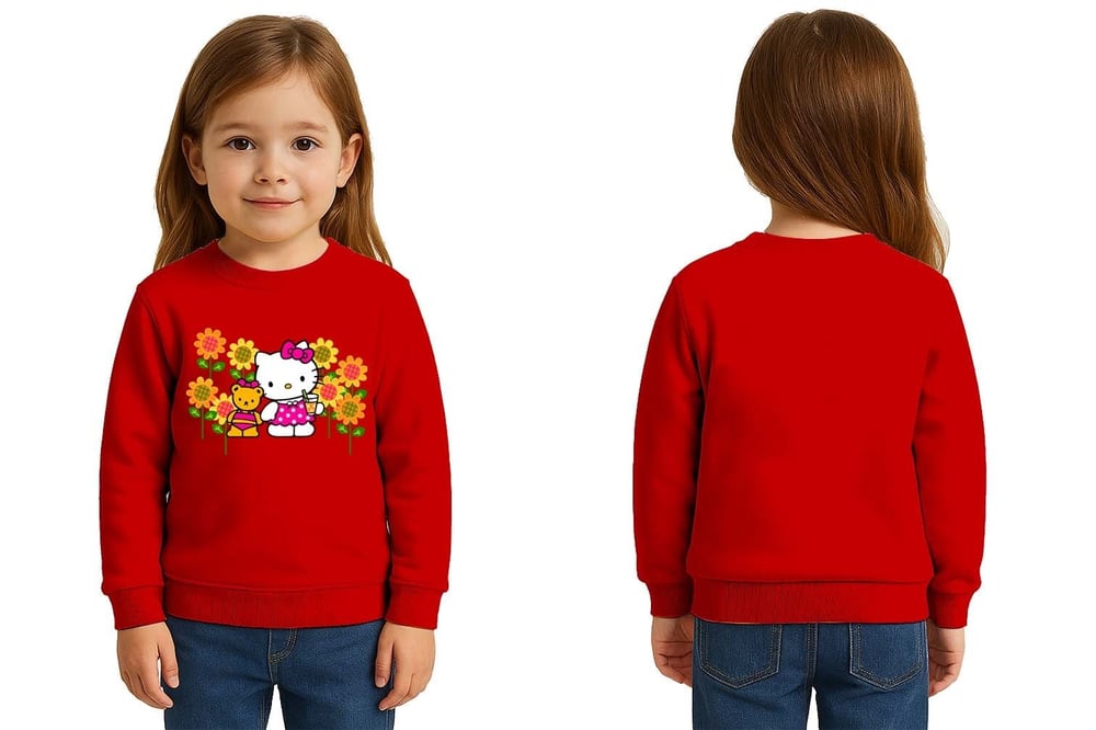 Unisex Hello Kity Baskılı Çocuk Swaetshirt 3 İplik Şardonlu