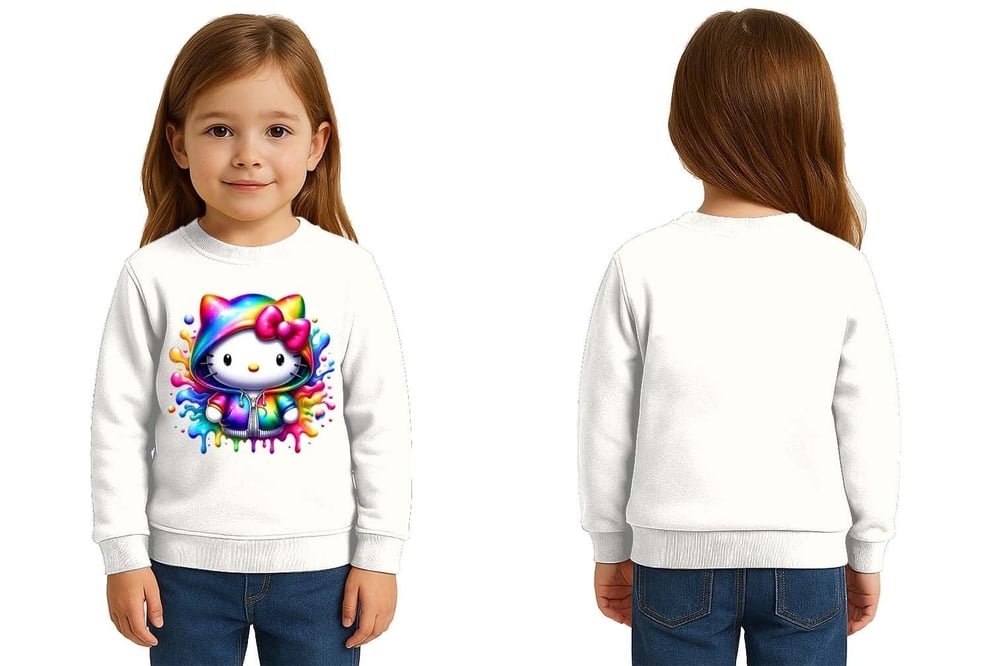 Unisex Hello Kity Baskılı Çocuk Swaetshirt 3 İplik Şardonlu