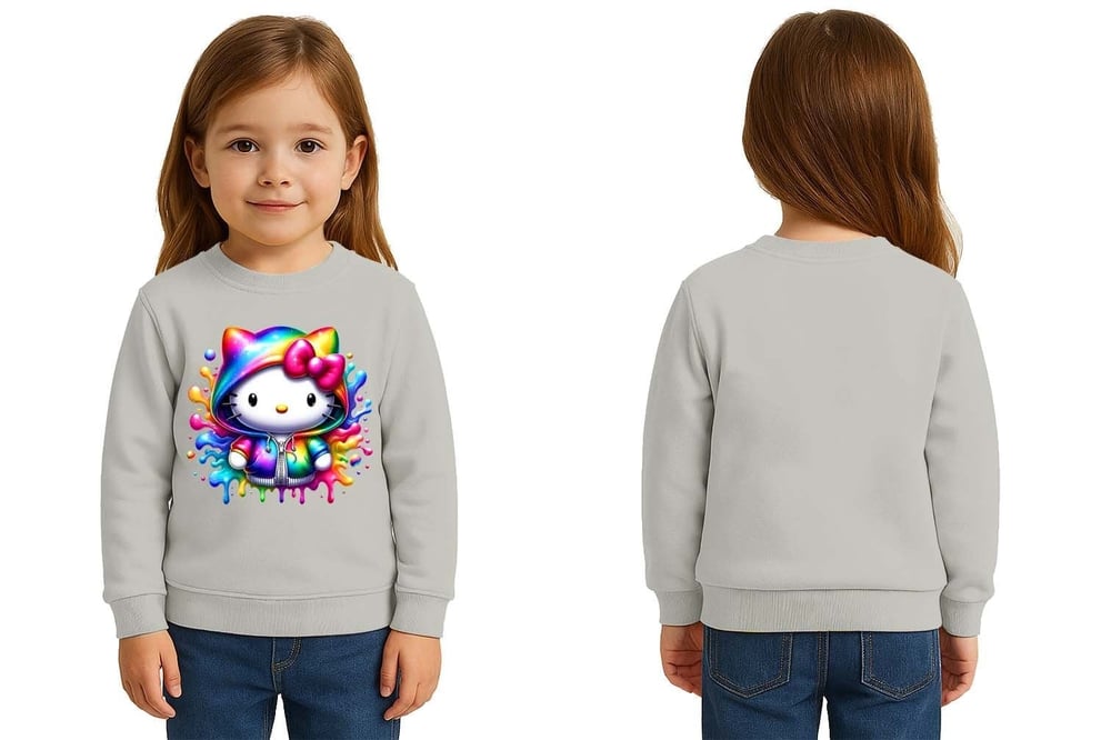 Unisex Hello Kity Baskılı Çocuk Swaetshirt 3 İplik Şardonlu