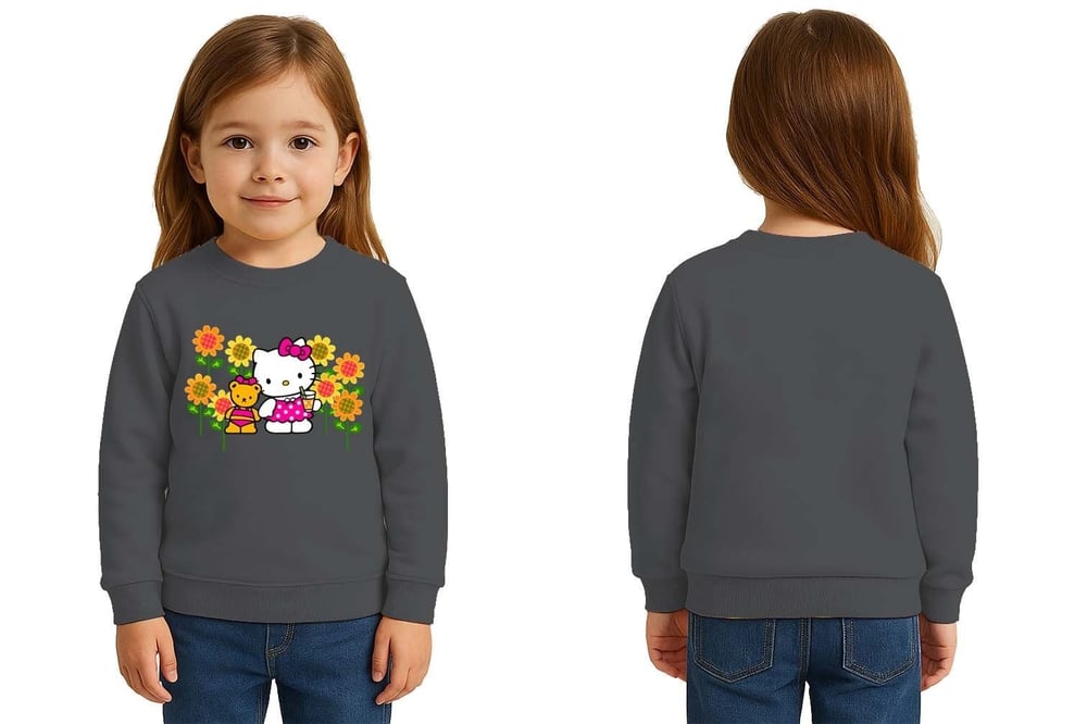 Unisex Hello Kity Baskılı Çocuk Swaetshirt 3 İplik Şardonlu
