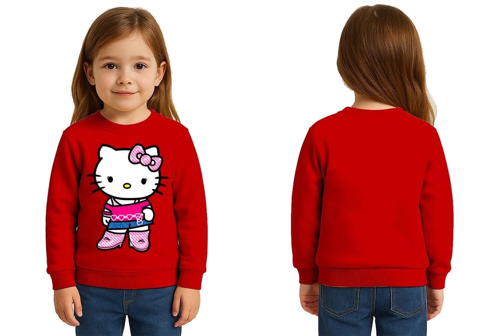 Unisex Hello Kity Baskılı Çocuk Swaetshirt 3 İplik Şardonlu