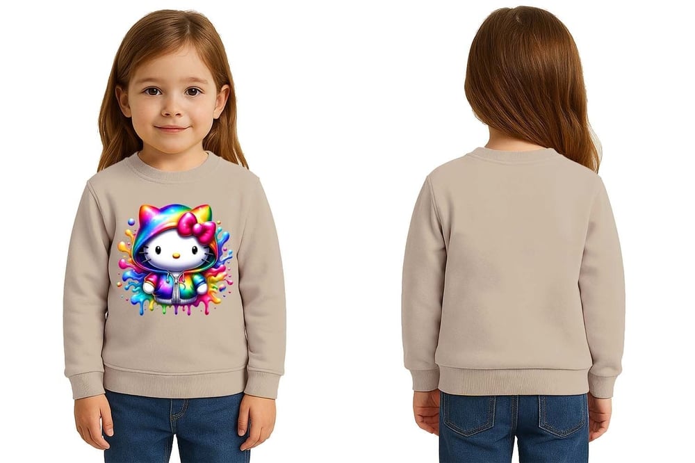 Unisex Hello Kity Baskılı Çocuk Swaetshirt 3 İplik Şardonlu