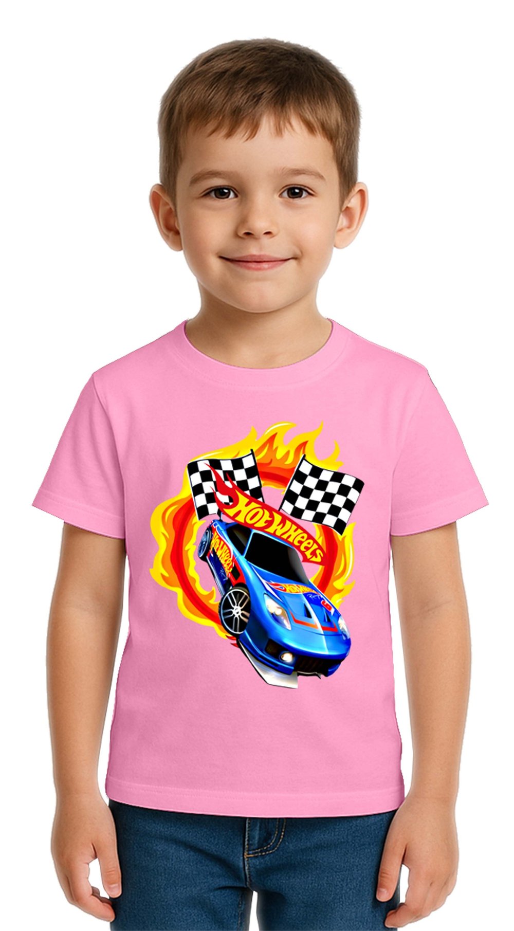 Unisex Hot Wheels baskılı Çocuk Tişört pamuklu penye kumaş
