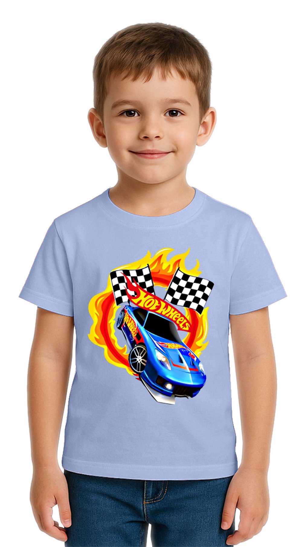 Unisex Hot Wheels baskılı Çocuk Tişört pamuklu penye kumaş