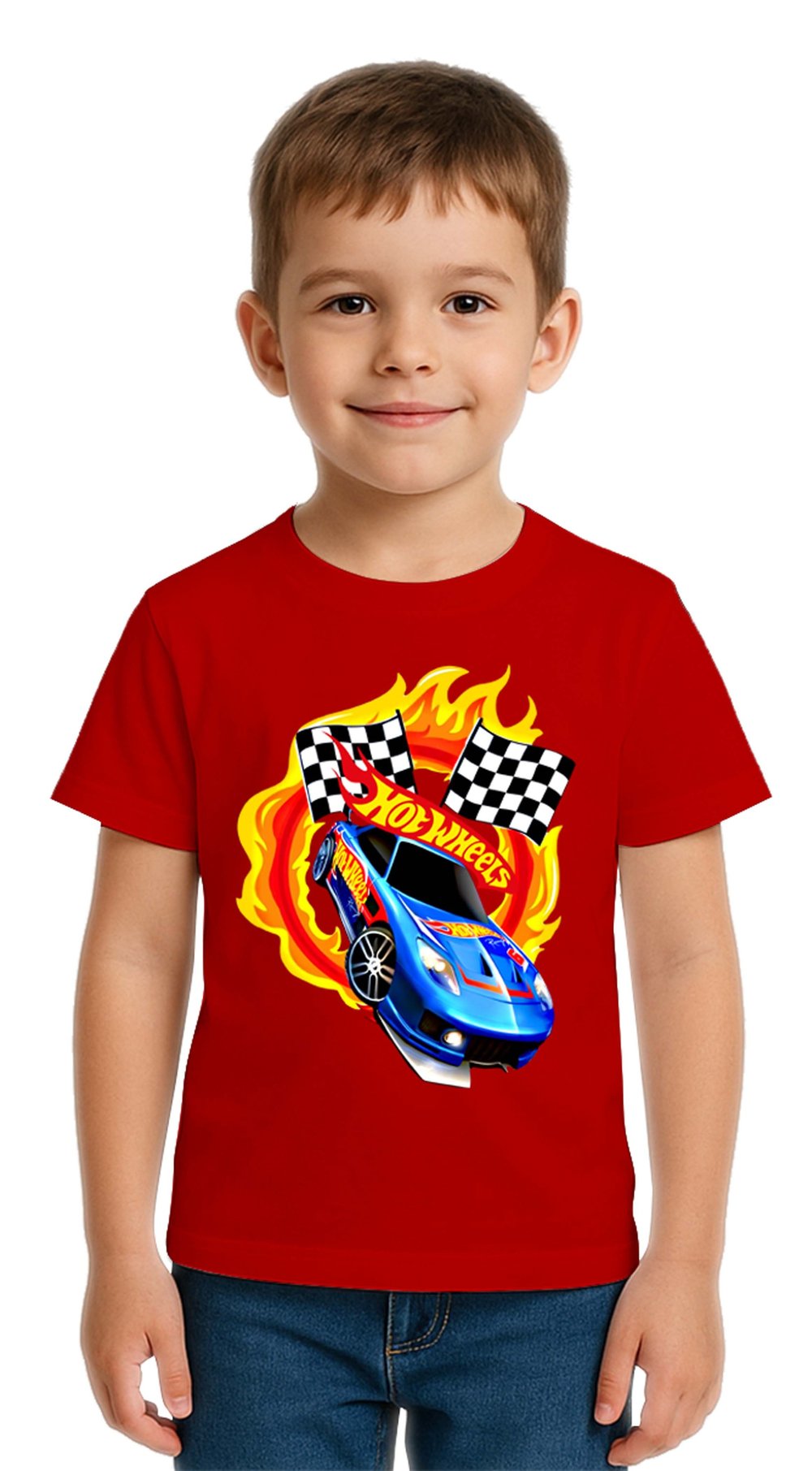 Unisex Hot Wheels baskılı Çocuk Tişört pamuklu penye kumaş
