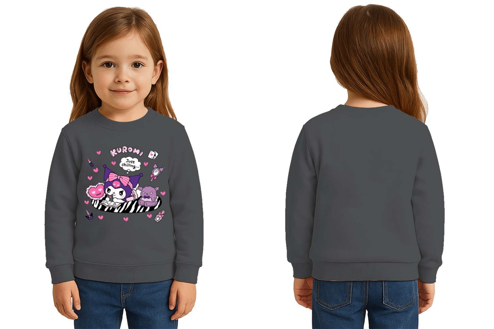 Unisex Kuromi Baskılı Çocuk Swaetshirt 3 İplik Şardonlu