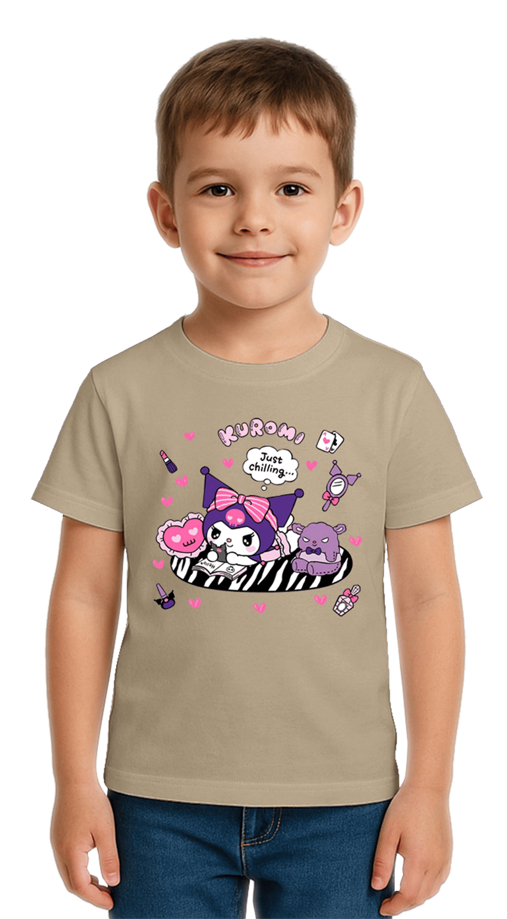 Unisex Kuromi Baskılı Çocuk Tişört pamuklu penye kumaş