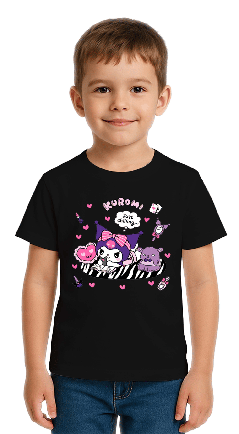 Unisex Kuromi Baskılı Çocuk Tişört pamuklu penye kumaş