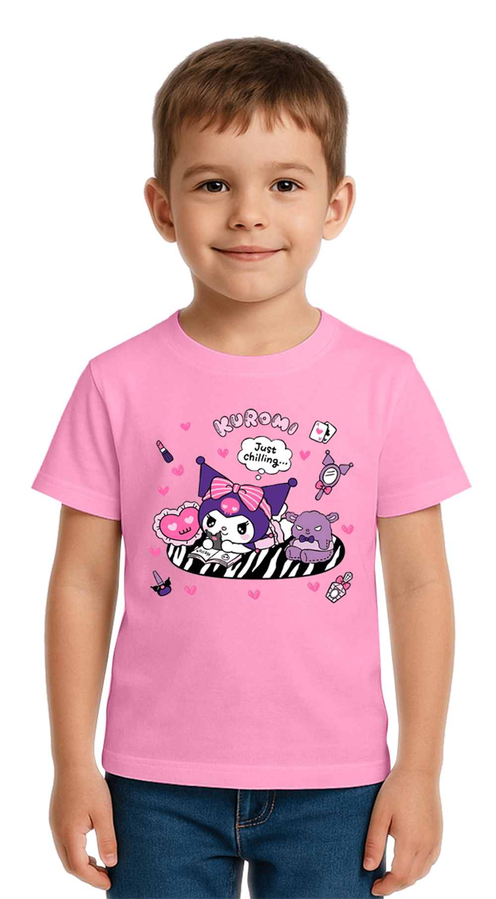 Unisex Kuromi Baskılı Çocuk Tişört pamuklu penye kumaş