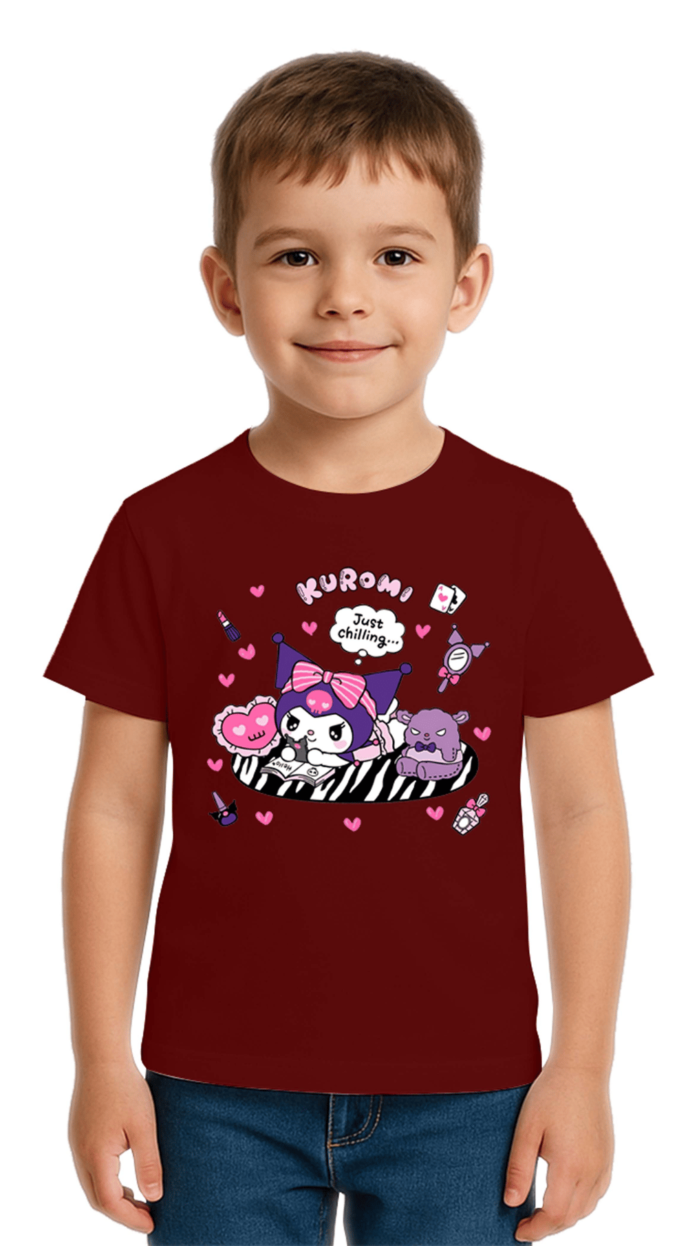 Unisex Kuromi Baskılı Çocuk Tişört pamuklu penye kumaş