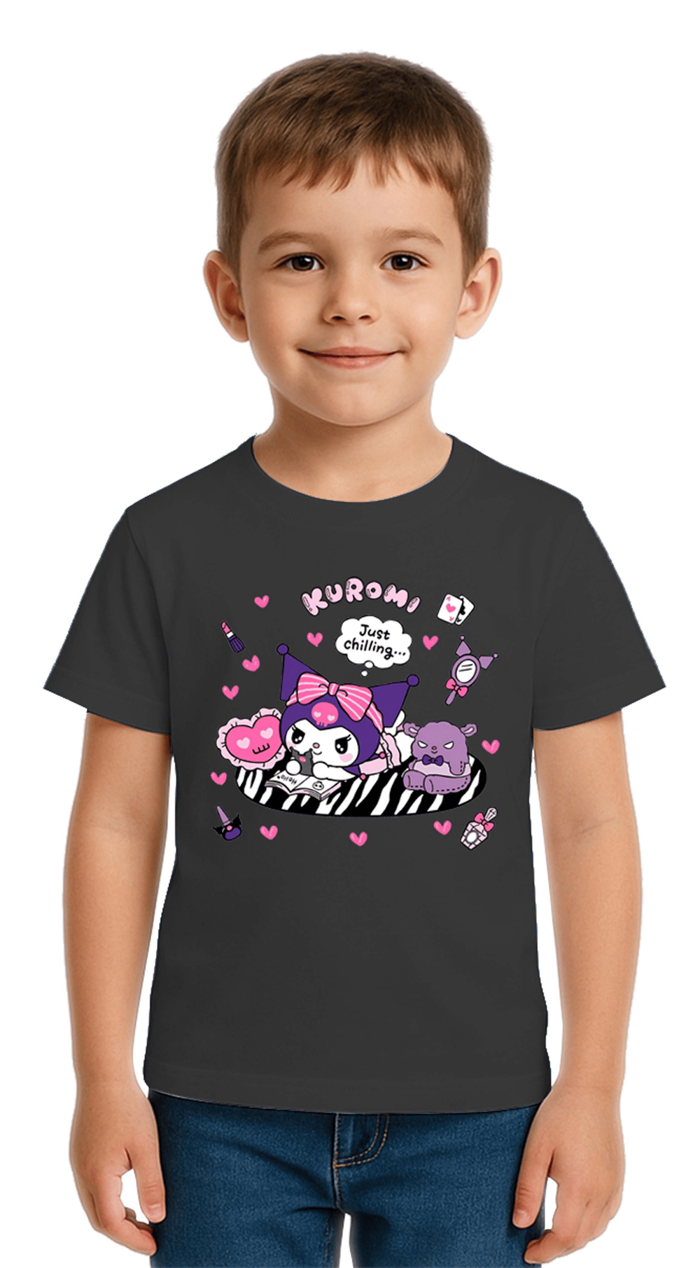 Unisex Kuromi Baskılı Çocuk Tişört pamuklu penye kumaş