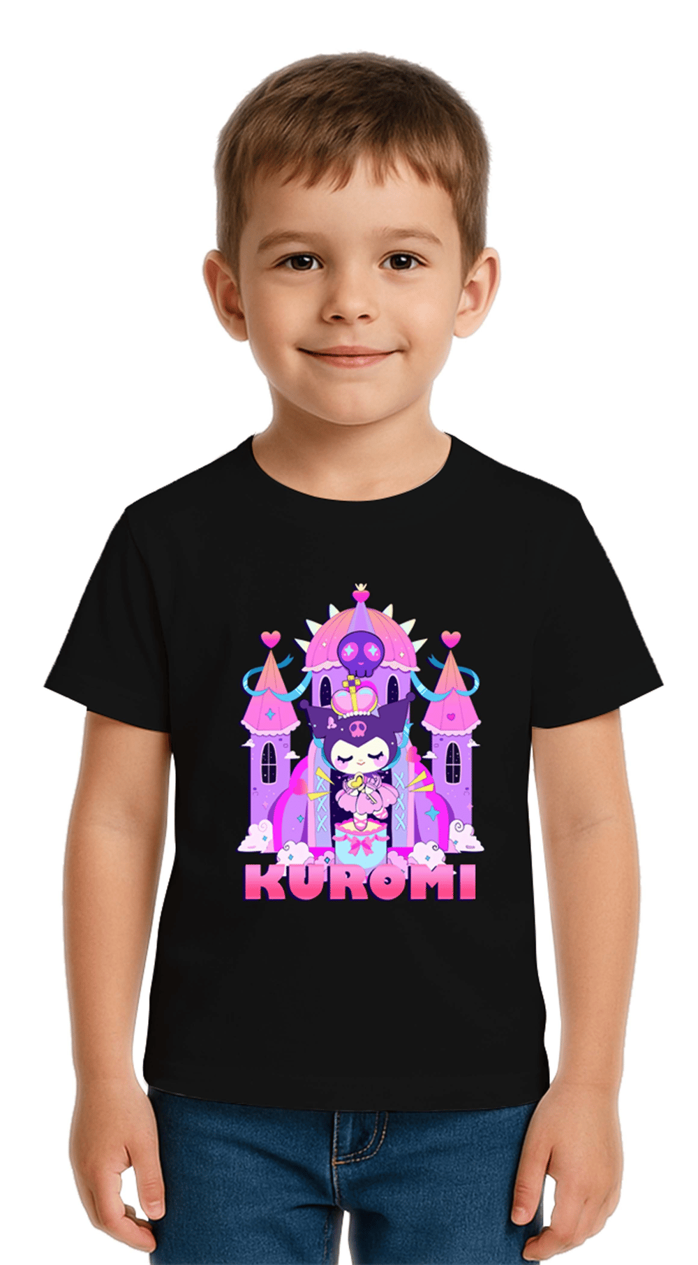 Unisex Kuromi Baskılı Çocuk Tişört pamuklu penye kumaş