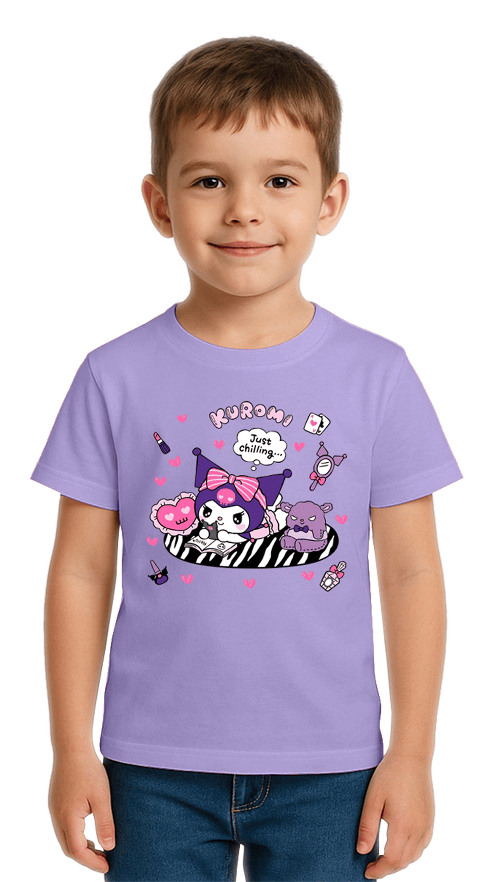 Unisex Kuromi Baskılı Çocuk Tişört pamuklu penye kumaş