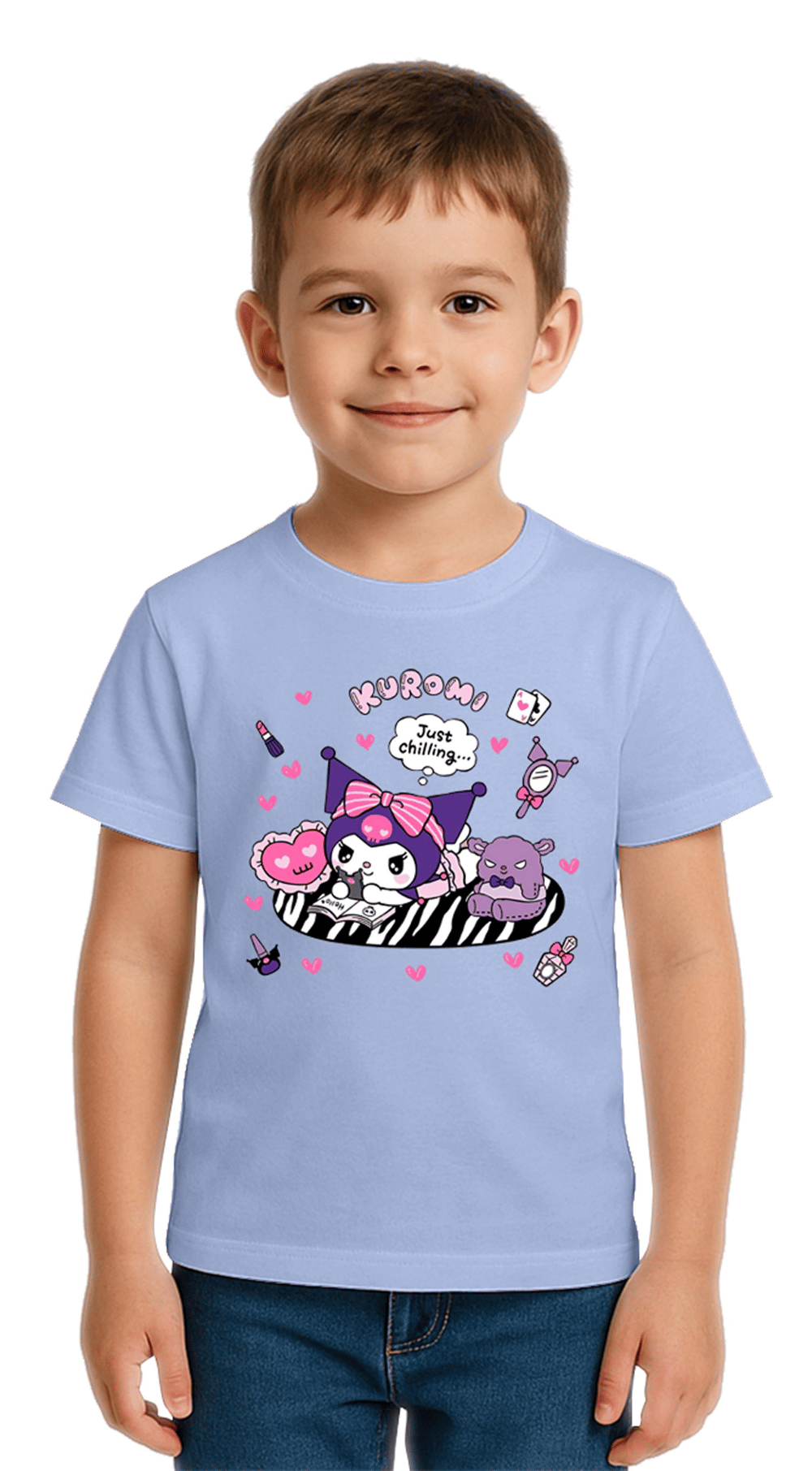 Unisex Kuromi Baskılı Çocuk Tişört pamuklu penye kumaş