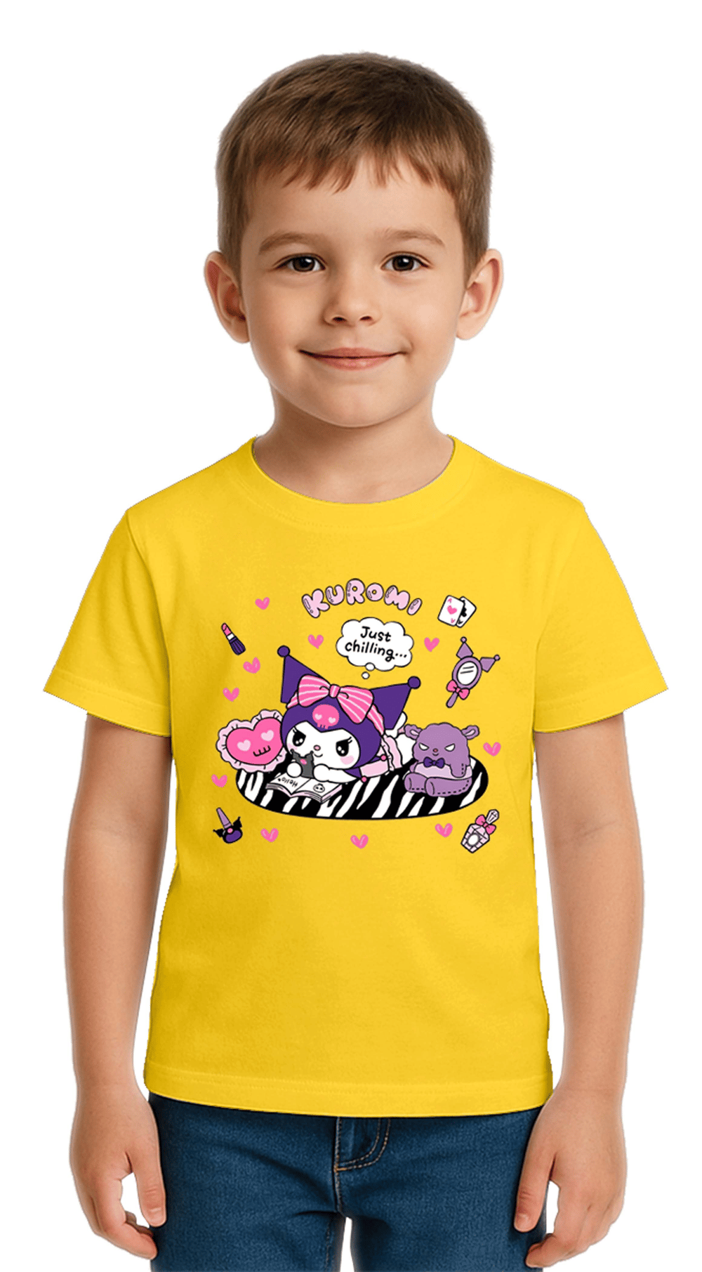 Unisex Kuromi Baskılı Çocuk Tişört pamuklu penye kumaş