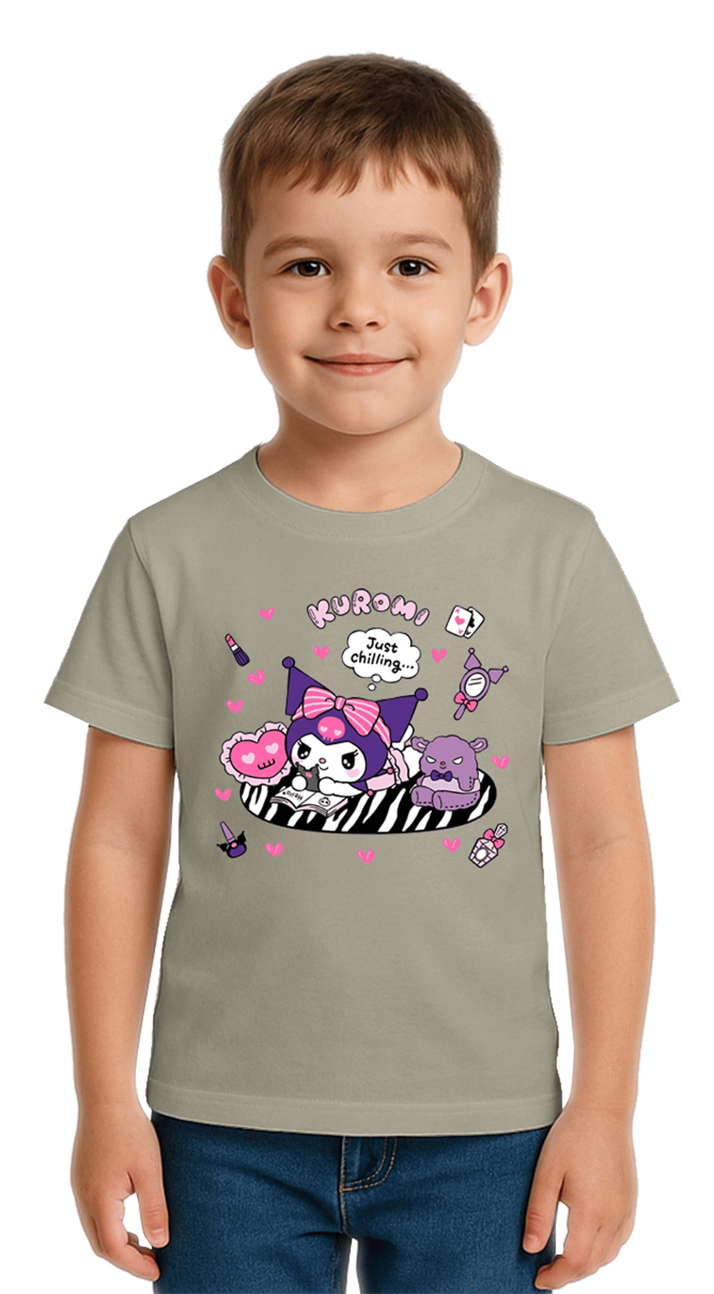Unisex Kuromi Baskılı Çocuk Tişört pamuklu penye kumaş
