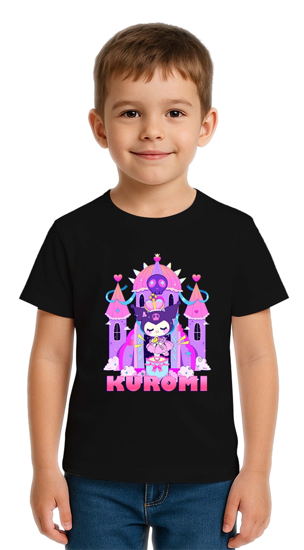 Unisex Kuromi Baskılı Çocuk Tişört pamuklu penye kumaş