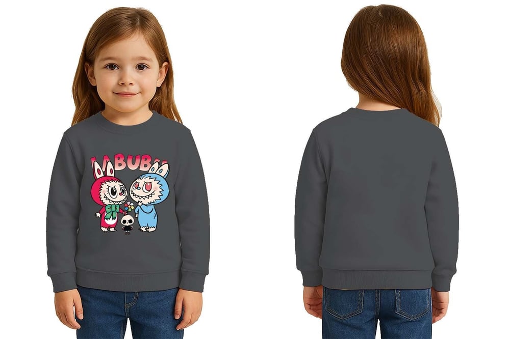Unisex Labubu Baskılı Çocuk Swaetshirt 3 İplik Şardonlu
