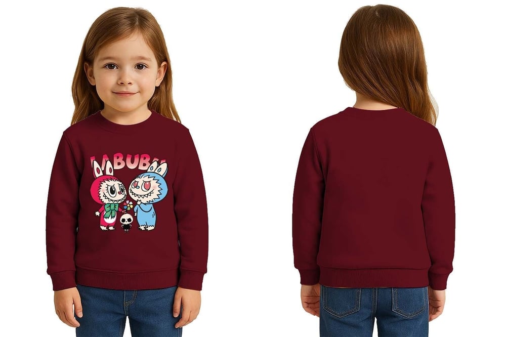 Unisex Labubu Baskılı Çocuk Swaetshirt 3 İplik Şardonlu