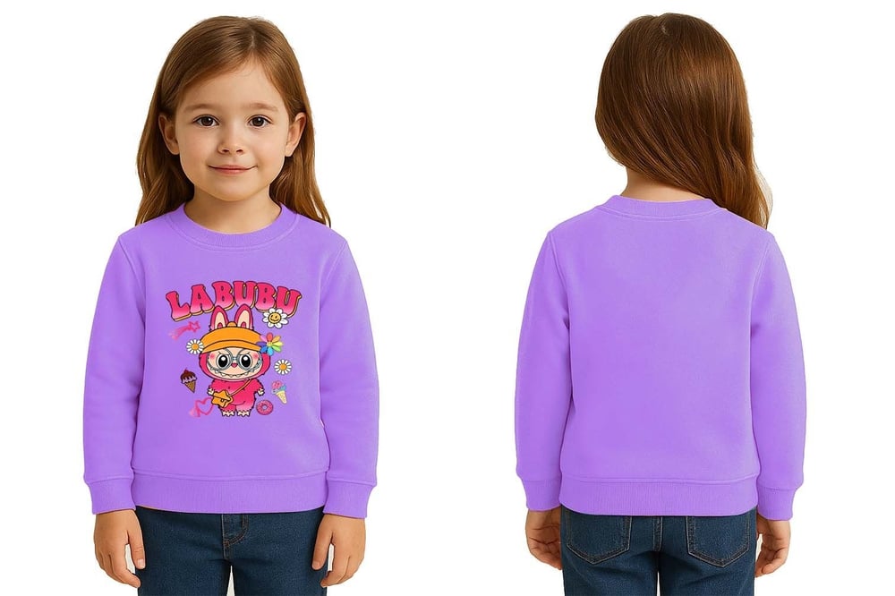 Unisex Labubu Baskılı Çocuk Swaetshirt 3 İplik Şardonlu