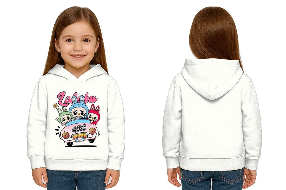 Unisex Labubu Baskılı Çocuk Swaetshirt Kapüşonlu 3 İplik Şardonlu