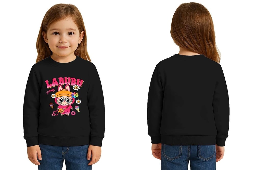 Unisex Labubu Baskılı Çocuk Swaetshirt 3 İplik Şardonlu