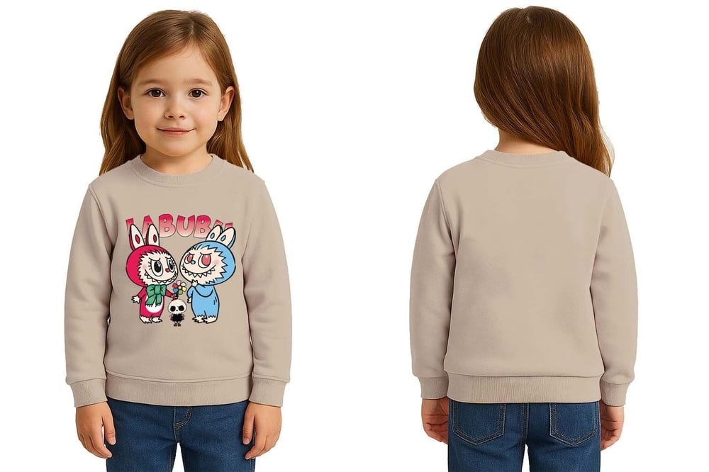 Unisex Labubu Baskılı Çocuk Swaetshirt 3 İplik Şardonlu