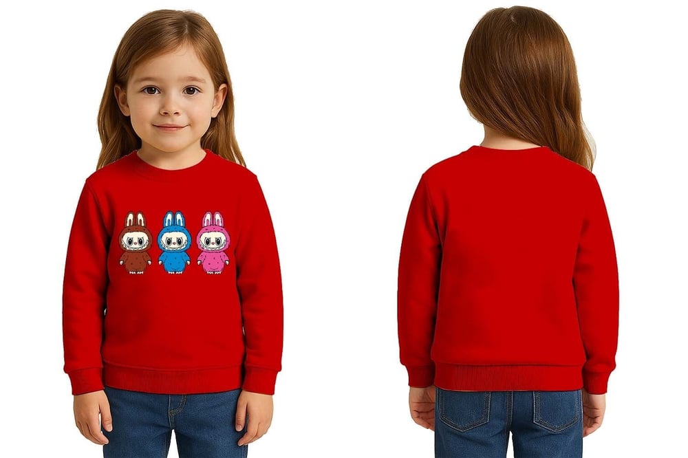 Unisex Labubu Baskılı Çocuk Swaetshirt 3 İplik Şardonlu