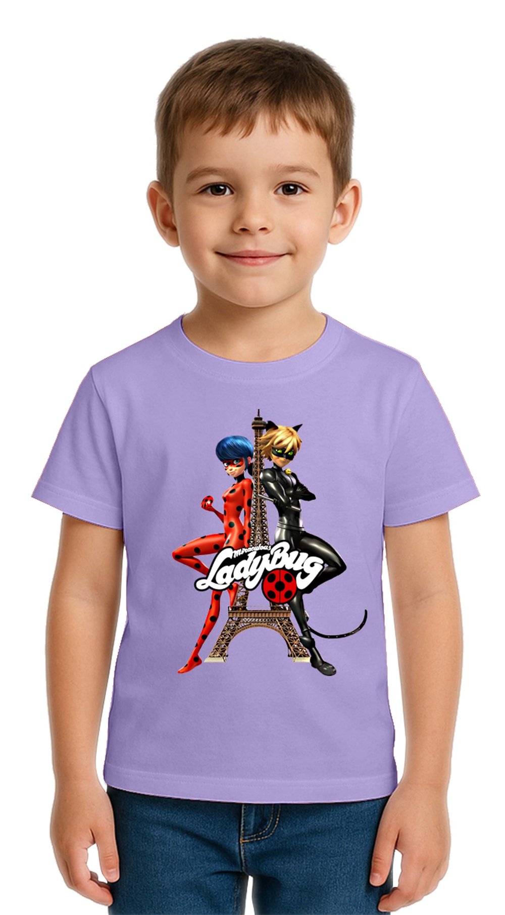 Unisex Ladybug baskılı Çocuk Tişört pamuklu penye kumaş