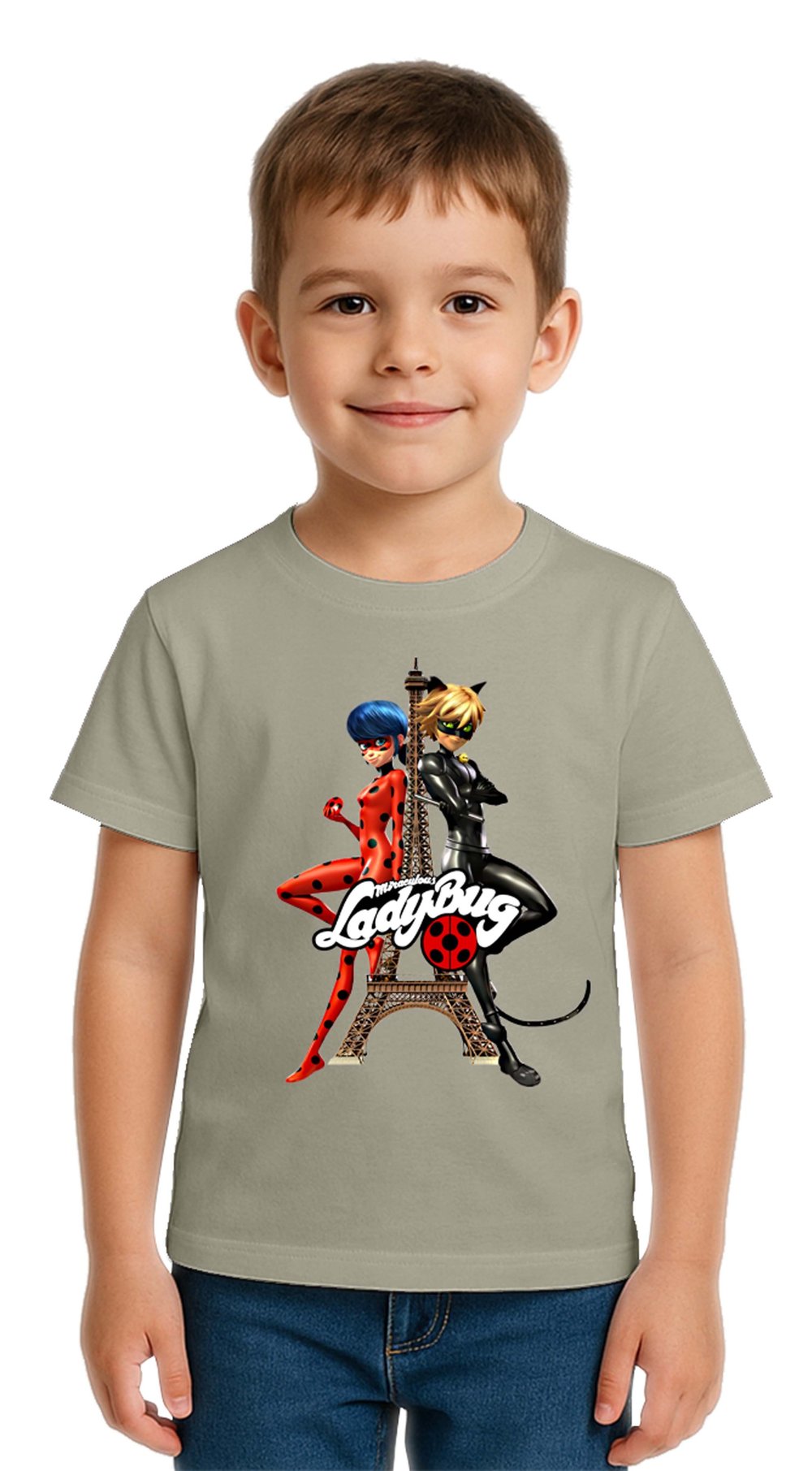 Unisex Ladybug baskılı Çocuk Tişört pamuklu penye kumaş