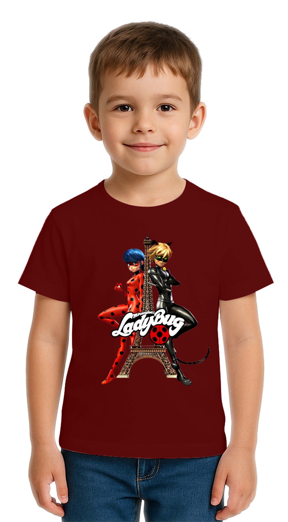 Unisex Ladybug baskılı Çocuk Tişört pamuklu penye kumaş