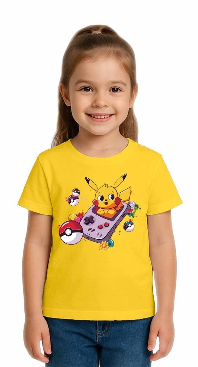 Unisex Pikaçu Baskılı Çocuk Tişört pamuklu penye kumaş