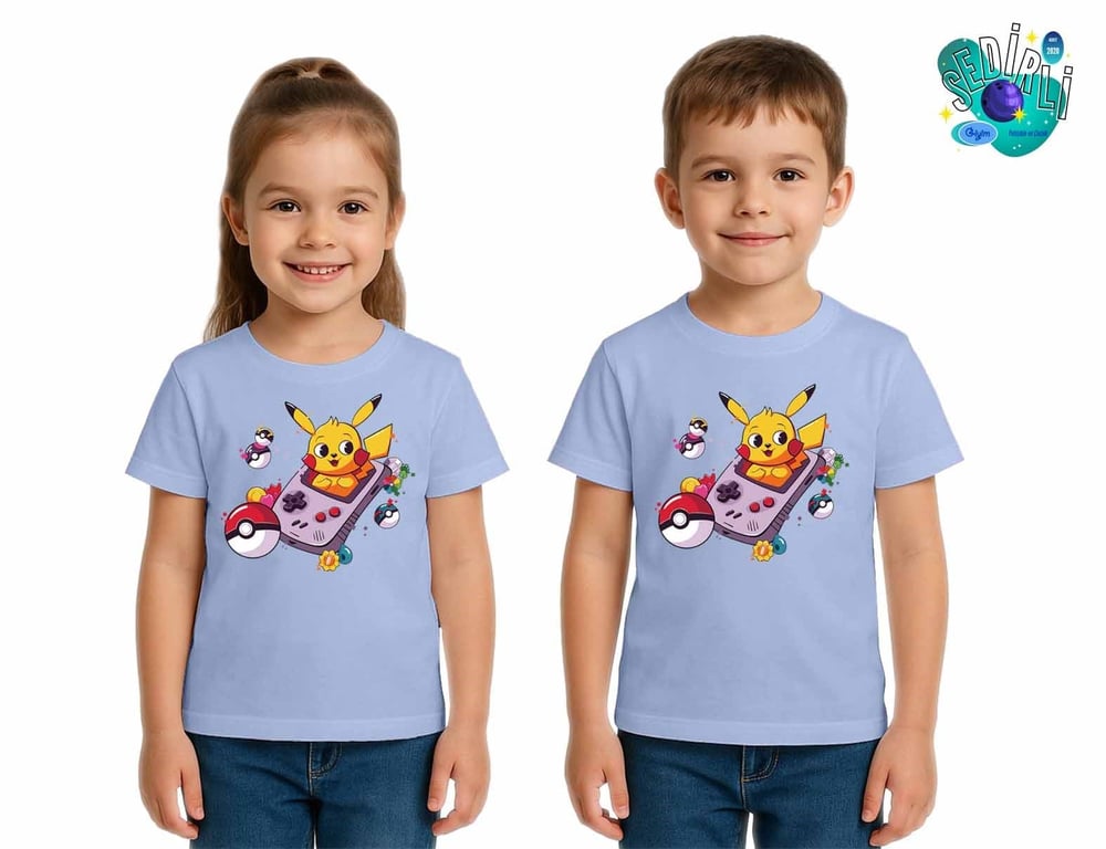 Unisex Pikaçu Baskılı Çocuk Tişört pamuklu penye kumaş