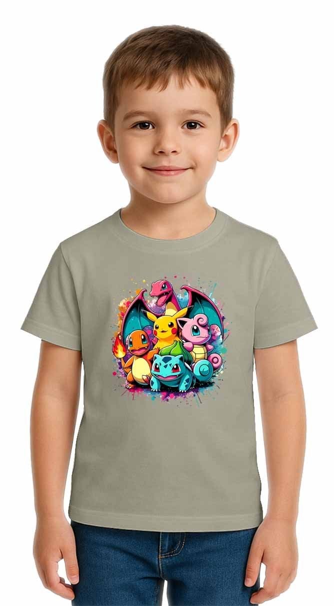 Unisex Pokemon Baskılı Çocuk Tişört pamuklu penye kumaş