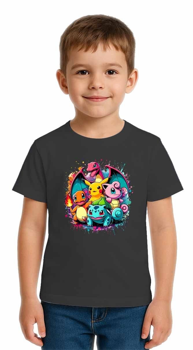 Unisex Pokemon Baskılı Çocuk Tişört pamuklu penye kumaş