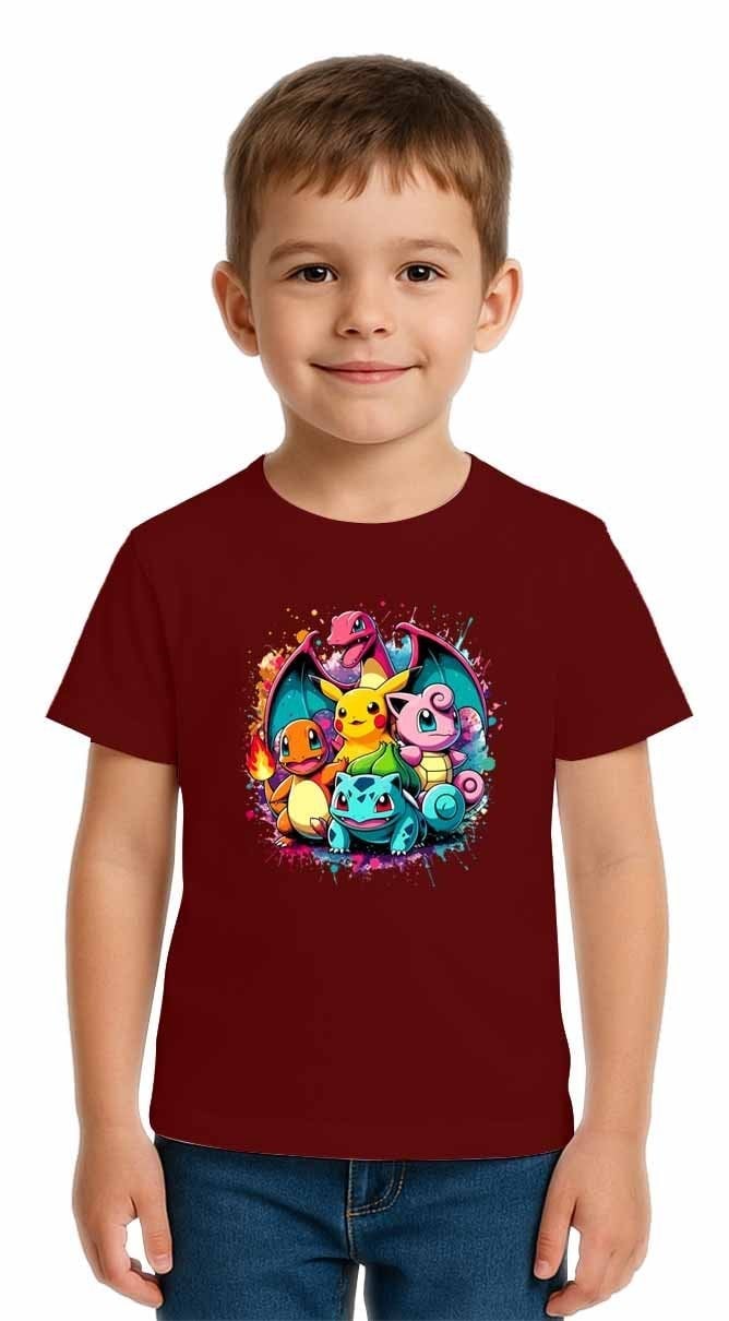 Unisex Pokemon Baskılı Çocuk Tişört pamuklu penye kumaş