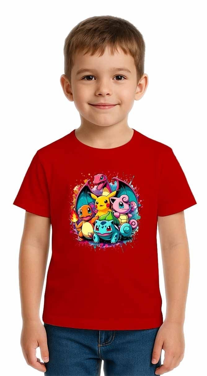 Unisex Pokemon Baskılı Çocuk Tişört pamuklu penye kumaş