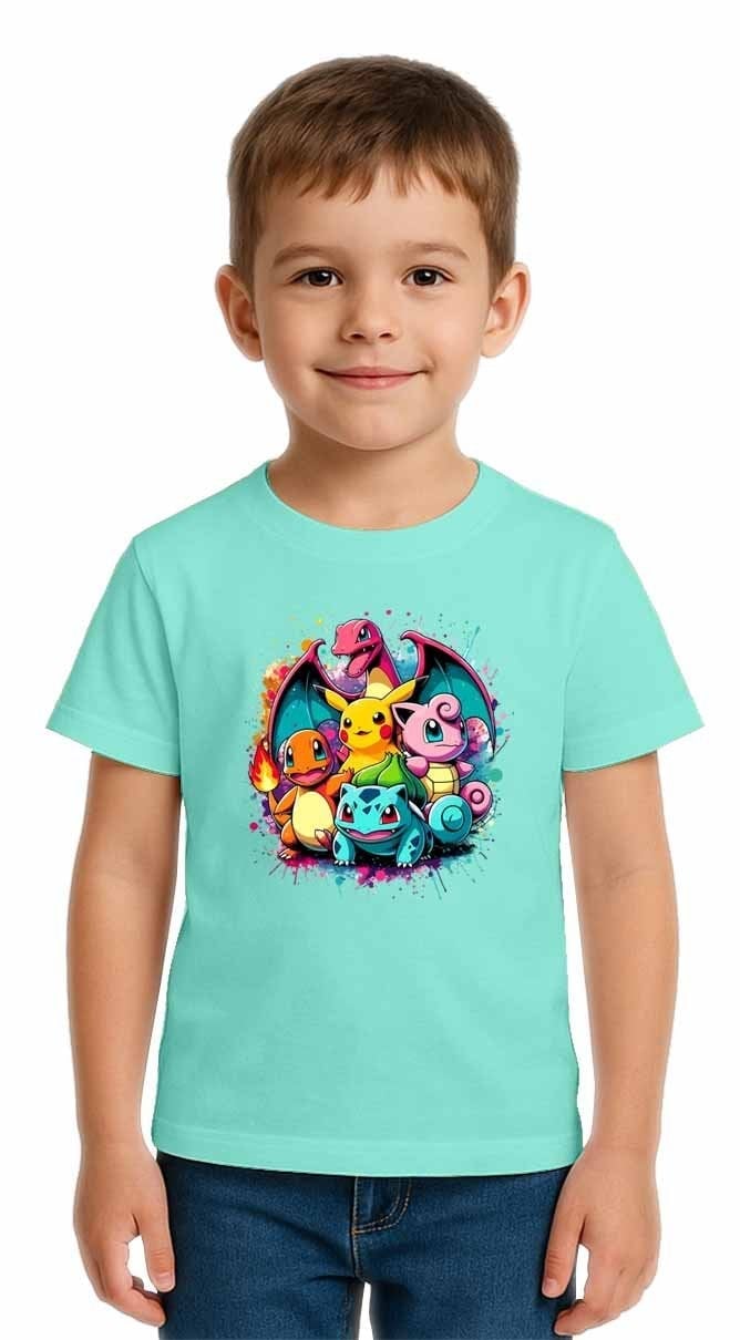 Unisex Pokemon Baskılı Çocuk Tişört pamuklu penye kumaş