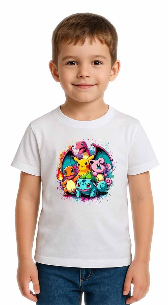 Unisex Pokemon Baskılı Çocuk Tişört pamuklu penye kumaş