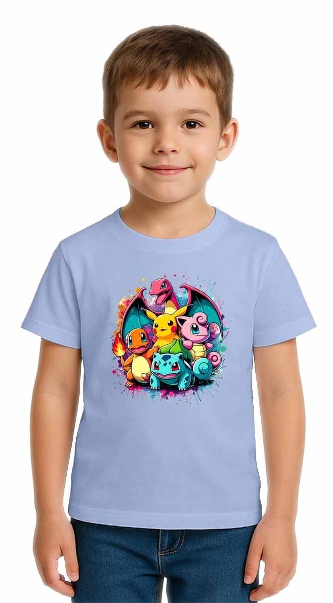 Unisex Pokemon Baskılı Çocuk Tişört pamuklu penye kumaş
