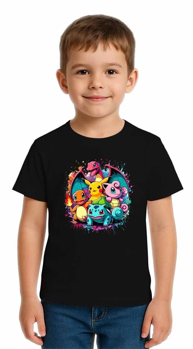 Unisex Pokemon Baskılı Çocuk Tişört pamuklu penye kumaş