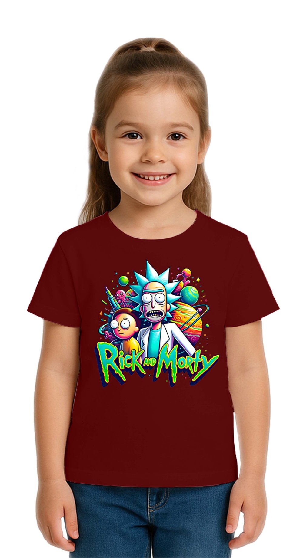 Unisex Rick and Morty baskılı Çocuk Tişört pamuklu penye kumaş