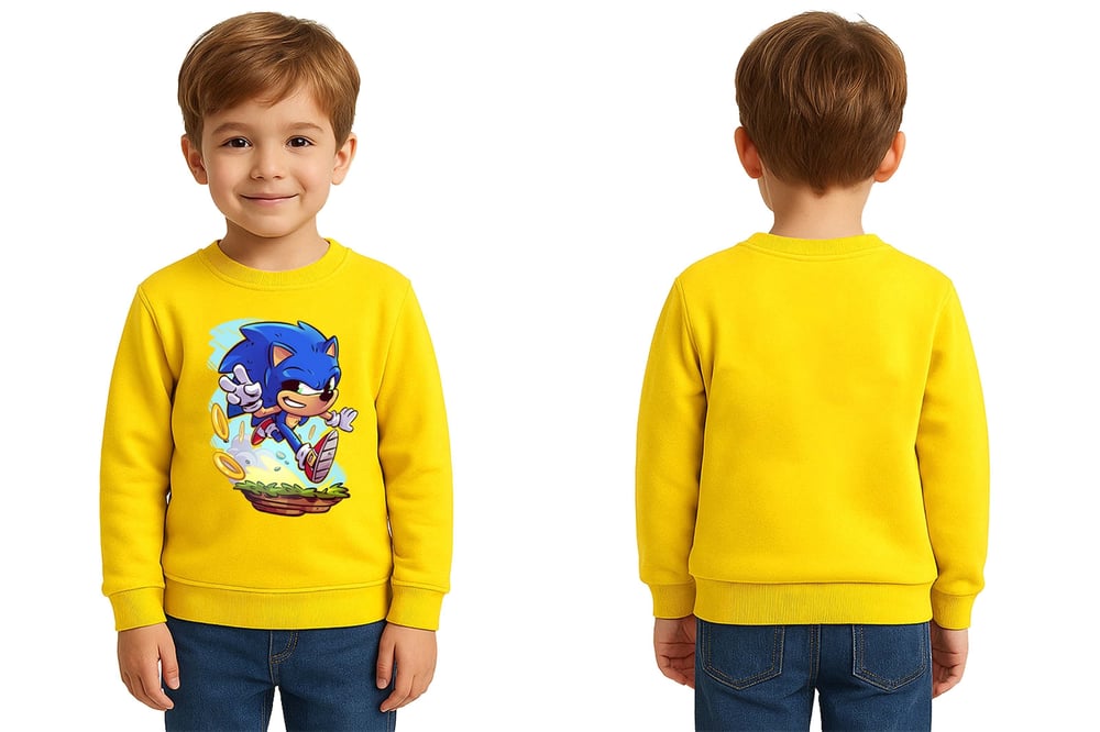 Unisex Sonic Baskılı Çocuk Swaetshirt 3 İplik Şardonlu