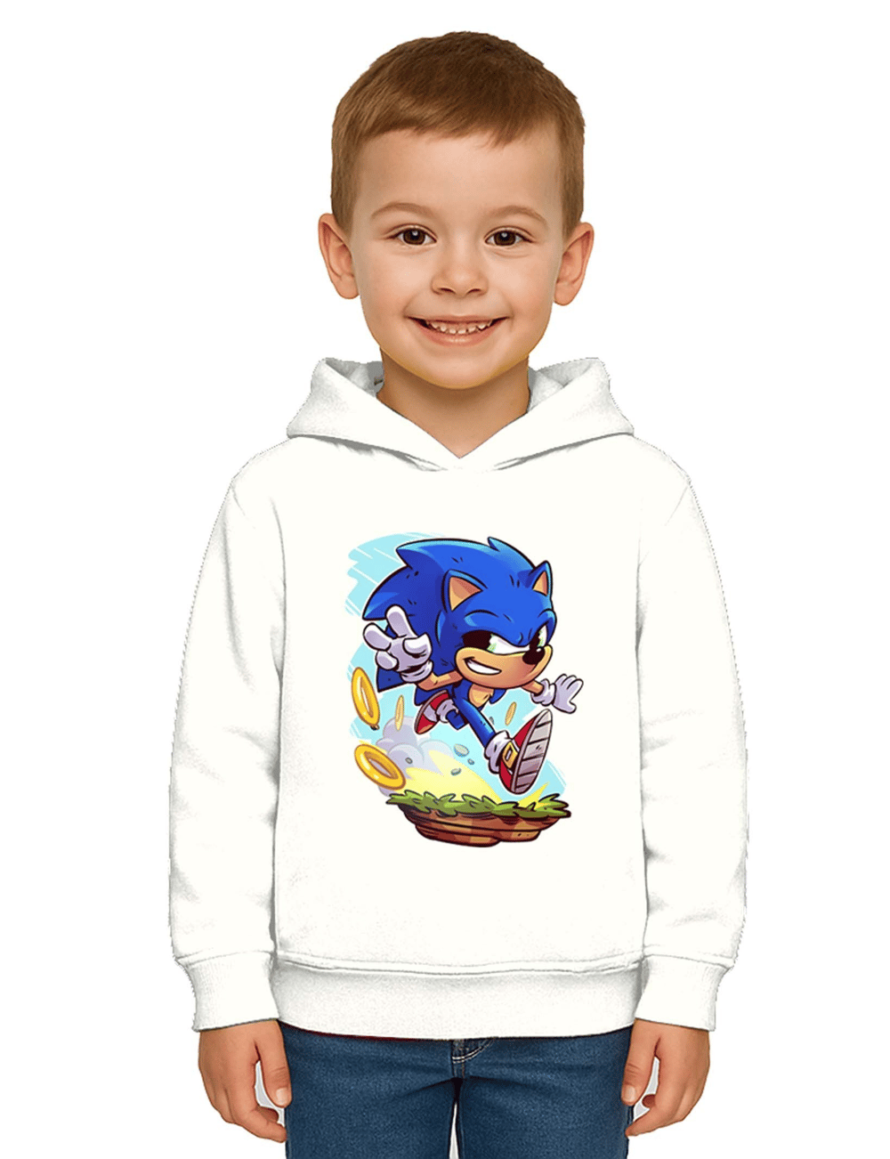 Unisex Sonic Baskılı Çocuk Swaetshirt Kapşonlu 3 İplik Şardonlu