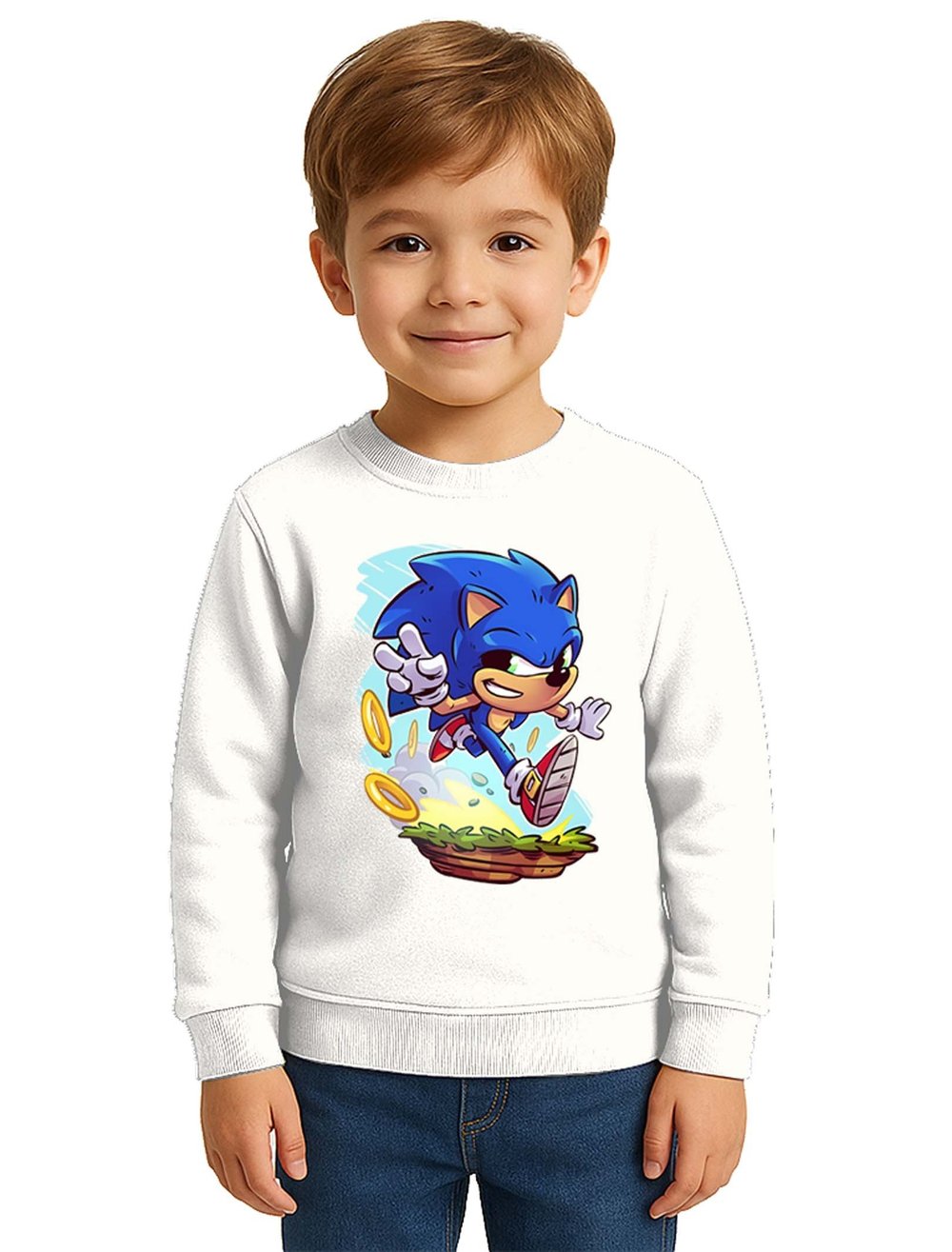 Unisex Sonic Baskılı Çocuk Swaetshirt 3 İplik Şardonlu