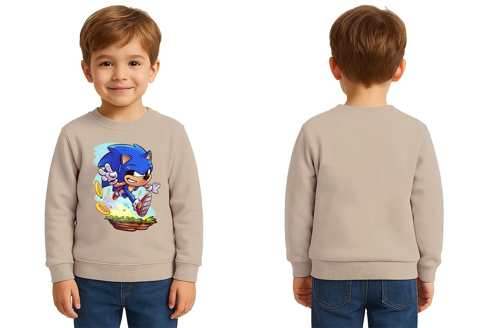 Unisex Sonic Baskılı Çocuk Swaetshirt 3 İplik Şardonlu