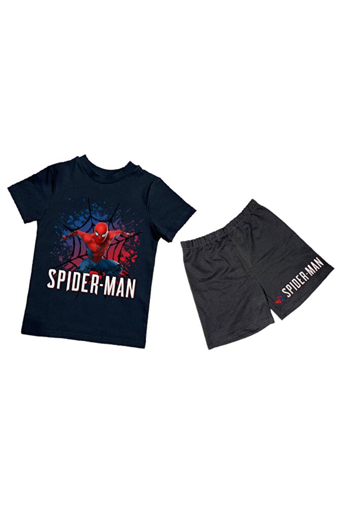 unisex Spiderman baskılı pamuklu kumaş kısa kollu şortlu ikili çocuk takımı